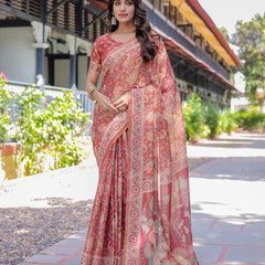 Rust Red Handloom Cotton Saree with Artistic Peacock & Floral Print – Contrast Blouse Included