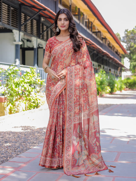 Rust Red Handloom Cotton Saree with Artistic Peacock & Floral Print – Contrast Blouse Included