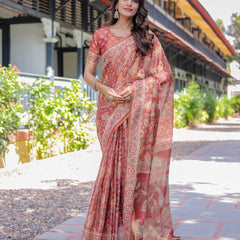 Rust Red Handloom Cotton Saree with Artistic Peacock & Floral Print – Contrast Blouse Included