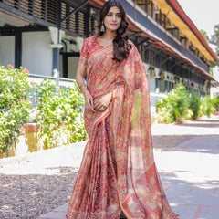 Rust Red Handloom Cotton Saree with Artistic Peacock & Floral Print – Contrast Blouse Included
