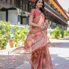Rust Red Handloom Cotton Saree with Artistic Peacock & Floral Print – Contrast Blouse Included