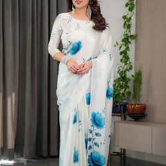 White & Blue Floral Satin Georgette Saree with Watercolour Bloom Print and Designer Back-Tie Blouse