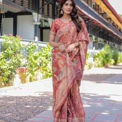 Rust Red Handloom Cotton Saree with Artistic Peacock & Floral Print – Contrast Blouse Included