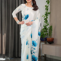 White & Blue Floral Satin Georgette Saree with Watercolour Bloom Print and Designer Back-Tie Blouse