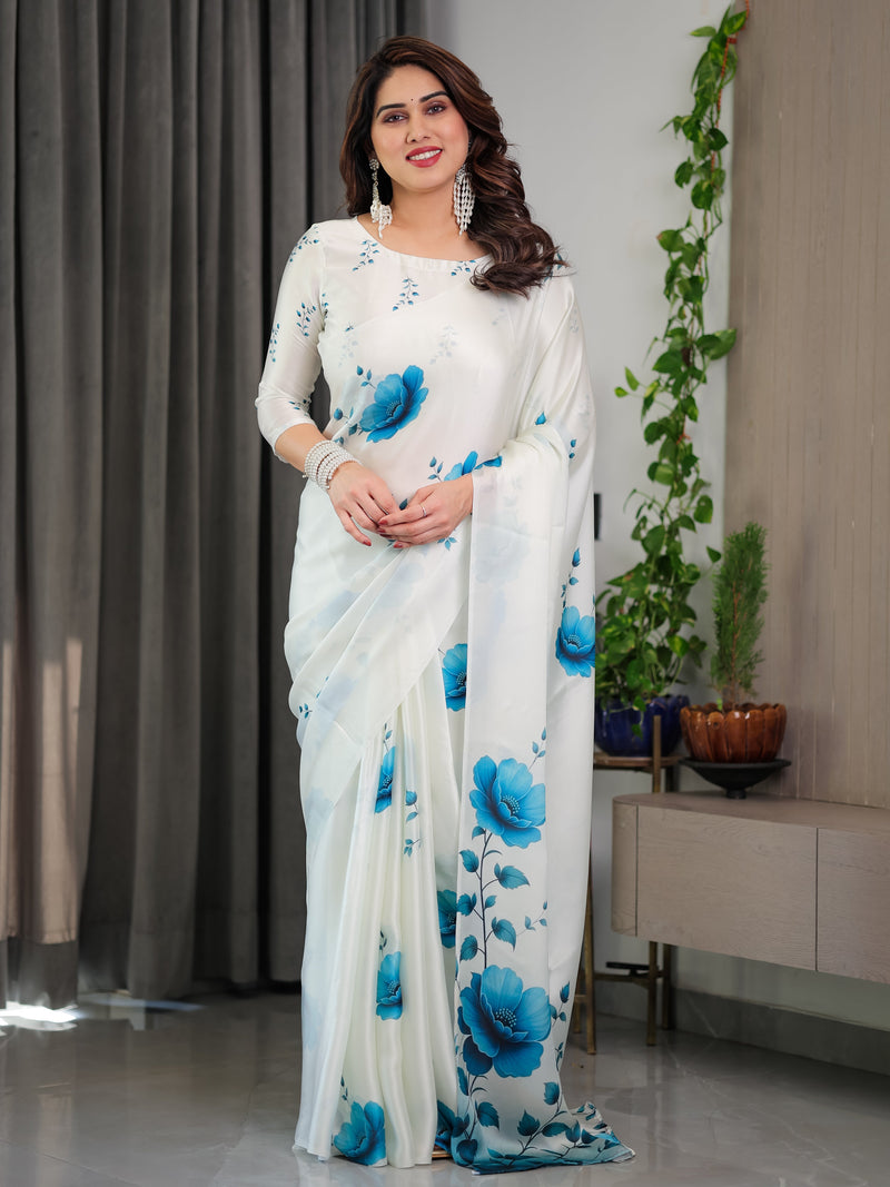 White & Blue Floral Satin Georgette Saree with Watercolour Bloom Print and Designer Back-Tie Blouse