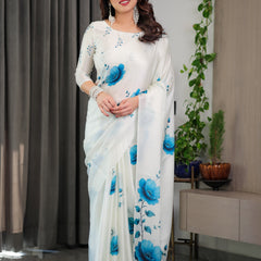 White & Blue Floral Satin Georgette Saree with Watercolour Bloom Print and Designer Back-Tie Blouse