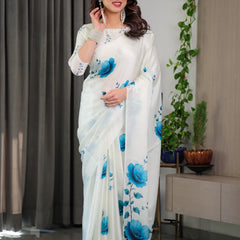 White & Blue Floral Satin Georgette Saree with Watercolour Bloom Print and Designer Back-Tie Blouse