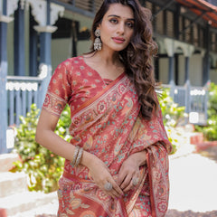 Rust Red Handloom Cotton Saree with Artistic Peacock & Floral Print – Contrast Blouse Included
