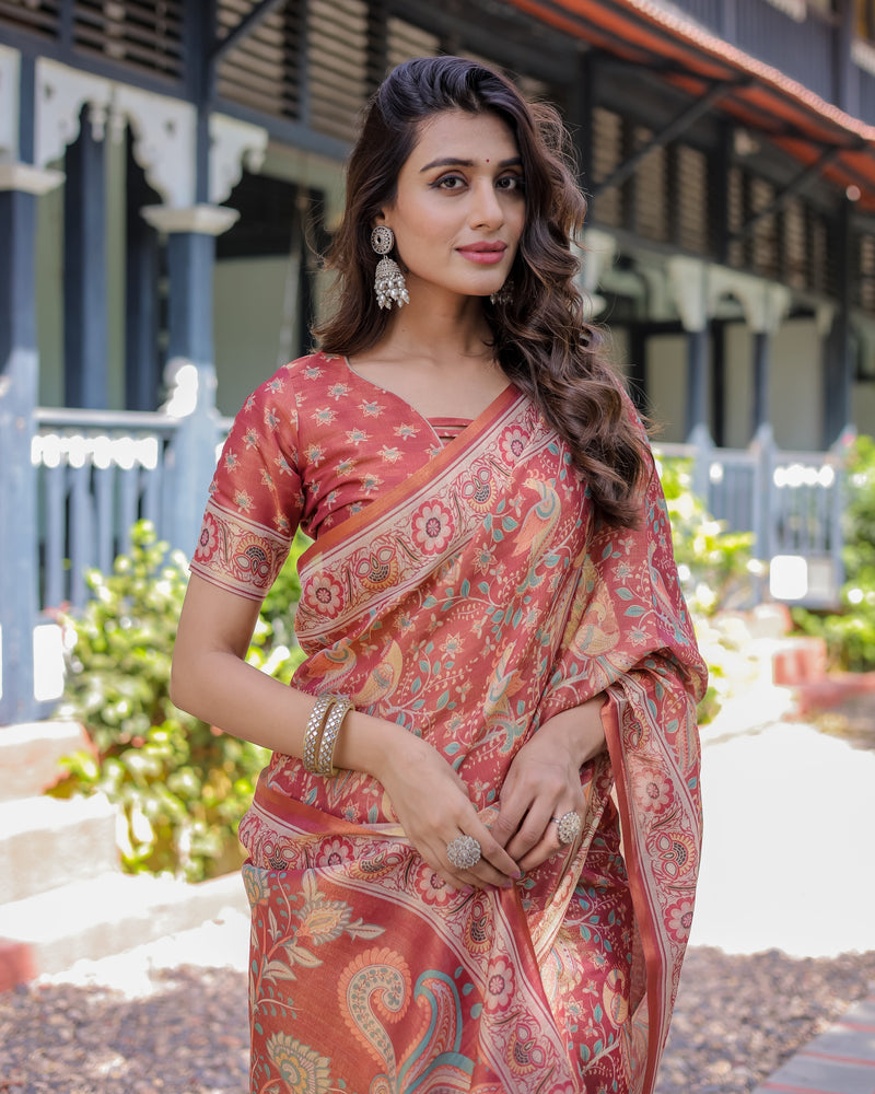 Rust Red Handloom Cotton Saree with Artistic Peacock & Floral Print – Contrast Blouse Included