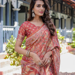 Rust Red Handloom Cotton Saree with Artistic Peacock & Floral Print – Contrast Blouse Included