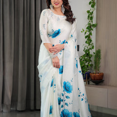 White & Blue Floral Satin Georgette Saree with Watercolour Bloom Print and Designer Back-Tie Blouse