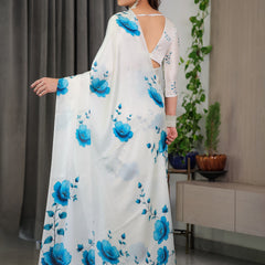 White & Blue Floral Satin Georgette Saree with Watercolour Bloom Print and Designer Back-Tie Blouse
