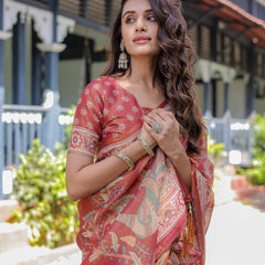 Rust Red Handloom Cotton Saree with Artistic Peacock & Floral Print – Contrast Blouse Included