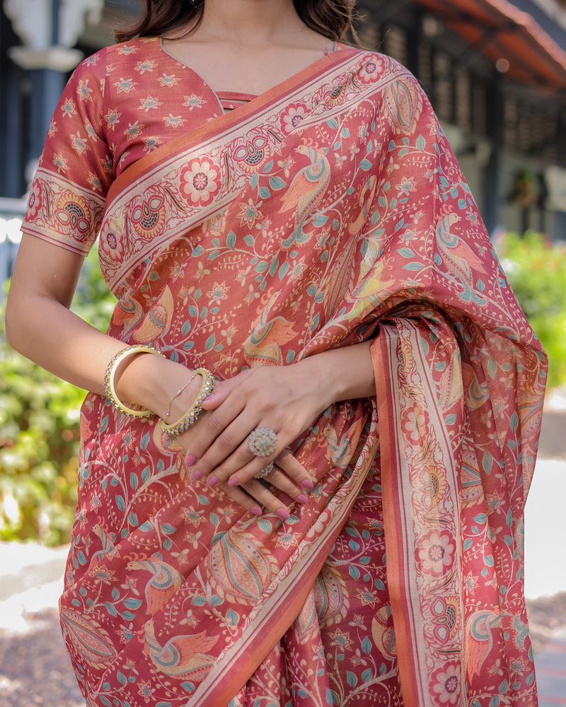 Rust Red Handloom Cotton Saree with Artistic Peacock & Floral Print – Contrast Blouse Included
