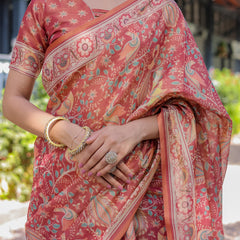 Rust Red Handloom Cotton Saree with Artistic Peacock & Floral Print – Contrast Blouse Included