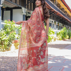 Rust Red Handloom Cotton Saree with Artistic Peacock & Floral Print – Contrast Blouse Included