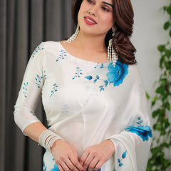 White & Blue Floral Satin Georgette Saree with Watercolour Bloom Print and Designer Back-Tie Blouse