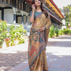 Maroon Handloom Cotton Saree with Intricate Peacock & Floral Art – Contrast Green Pallu