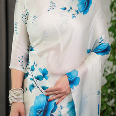 White & Blue Floral Satin Georgette Saree with Watercolour Bloom Print and Designer Back-Tie Blouse