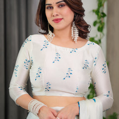 White & Blue Floral Satin Georgette Saree with Watercolour Bloom Print and Designer Back-Tie Blouse