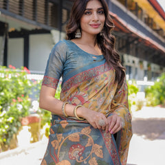 Maroon Handloom Cotton Saree with Intricate Peacock & Floral Art – Contrast Green Pallu