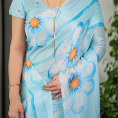 Sky Blue Satin Georgette Floral Printed Saree with Attached Blouse – Lightweight Designer Drape for Festive & Everyday Elegance
