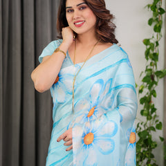 Sky Blue Satin Georgette Floral Printed Saree with Attached Blouse – Lightweight Designer Drape for Festive & Everyday Elegance