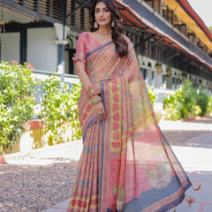 Peach Pink Handloom Cotton Saree with Lotus & Bird Motifs and Navy Border Pallu