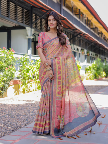 Peach Pink Handloom Cotton Saree with Lotus & Bird Motifs and Navy Border Pallu