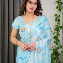 Sky Blue Satin Georgette Floral Printed Saree with Attached Blouse – Lightweight Designer Drape for Festive & Everyday Elegance