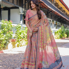 Peach Pink Handloom Cotton Saree with Lotus & Bird Motifs and Navy Border Pallu