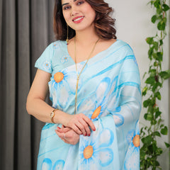 Sky Blue Satin Georgette Floral Printed Saree with Attached Blouse – Lightweight Designer Drape for Festive & Everyday Elegance