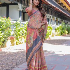 Peach Pink Handloom Cotton Saree with Lotus & Bird Motifs and Navy Border Pallu