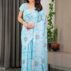 Sky Blue Satin Georgette Floral Printed Saree with Attached Blouse – Lightweight Designer Drape for Festive & Everyday Elegance