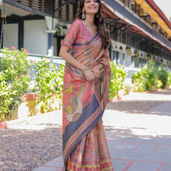 Peach Pink Handloom Cotton Saree with Lotus & Bird Motifs and Navy Border Pallu