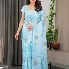 Sky Blue Satin Georgette Floral Printed Saree with Attached Blouse – Lightweight Designer Drape for Festive & Everyday Elegance