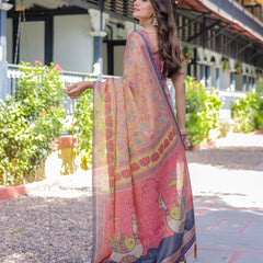 Peach Pink Handloom Cotton Saree with Lotus & Bird Motifs and Navy Border Pallu