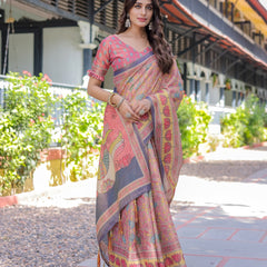 Peach Pink Handloom Cotton Saree with Lotus & Bird Motifs and Navy Border Pallu
