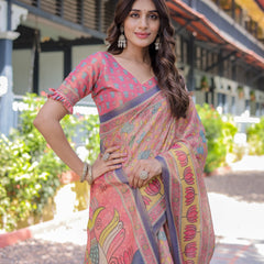 Peach Pink Handloom Cotton Saree with Lotus & Bird Motifs and Navy Border Pallu