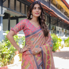 Peach Pink Handloom Cotton Saree with Lotus & Bird Motifs and Navy Border Pallu