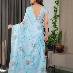 Sky Blue Satin Georgette Floral Printed Saree with Attached Blouse – Lightweight Designer Drape for Festive & Everyday Elegance