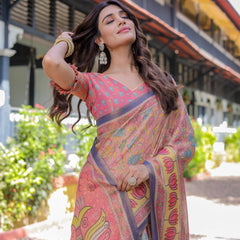Peach Pink Handloom Cotton Saree with Lotus & Bird Motifs and Navy Border Pallu