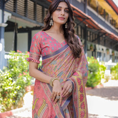 Peach Pink Handloom Cotton Saree with Lotus & Bird Motifs and Navy Border Pallu