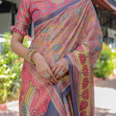 Peach Pink Handloom Cotton Saree with Lotus & Bird Motifs and Navy Border Pallu