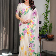 Ivory White Floral Garden Print Satin Georgette Saree with Multicolor Tropical Flowers & Designer Attached Blouse