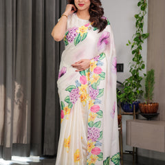 Ivory White Floral Garden Print Satin Georgette Saree with Multicolor Tropical Flowers & Designer Attached Blouse