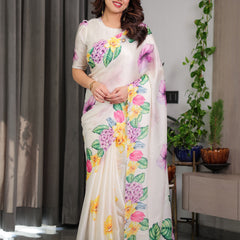 Ivory White Floral Garden Print Satin Georgette Saree with Multicolor Tropical Flowers & Designer Attached Blouse
