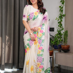 Ivory White Floral Garden Print Satin Georgette Saree with Multicolor Tropical Flowers & Designer Attached Blouse