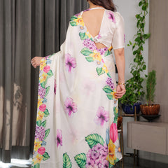 Ivory White Floral Garden Print Satin Georgette Saree with Multicolor Tropical Flowers & Designer Attached Blouse