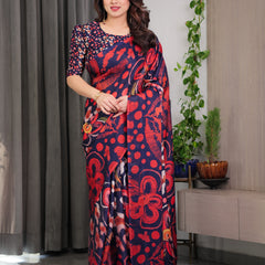 Navy Blue Abstract Floral & Polka Print Satin Georgette Saree with Red Brushstroke Motifs & Designer Attached Blouse